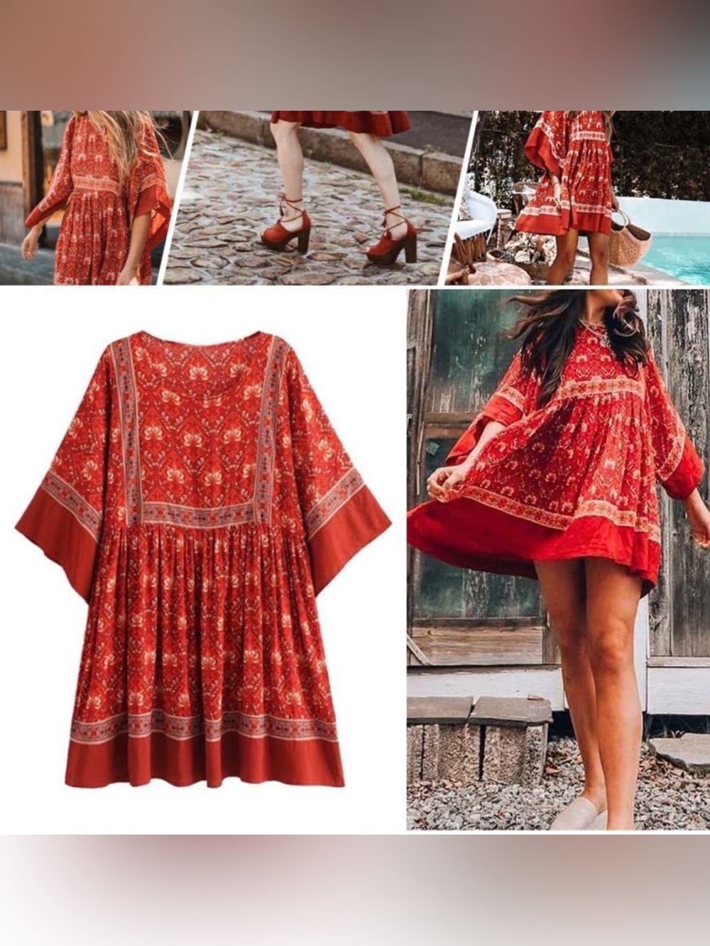 R. Vivimos Fall Cotton Half Sleeve Babydoll Boho Floral Tunic Gypsy Dress XL